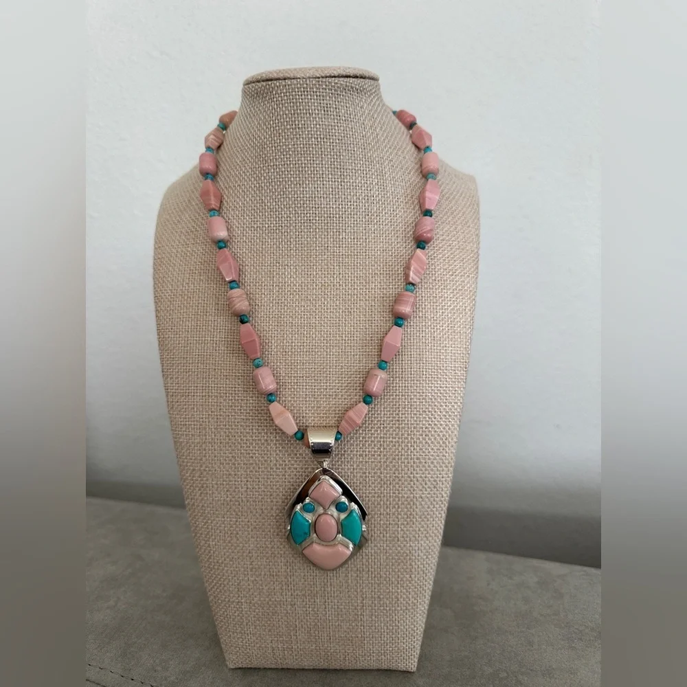 Turquoise and pink beaded necklace with gorgeous pendant! By Jay King - Picture 3 of 11